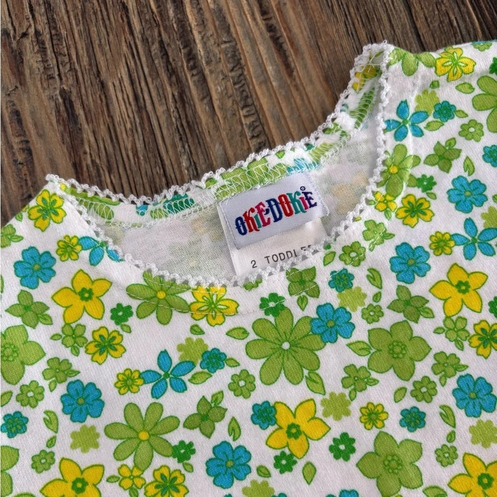 Okie Dokie S/S Tee Shirt 2T White Green Blue Yellow Floral Lace Trim 70s Style - Picture 5 of 7